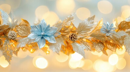 Wall Mural - Golden light garlands: Christmas garland in soft golden and blue shades glow against a gentle bokeh, creating a warm holiday atmosphere.