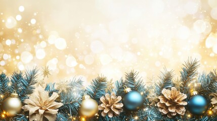 Wall Mural - Golden light garlands: Christmas garland in soft golden and blue shades glow against a gentle bokeh, creating a warm holiday atmosphere.
