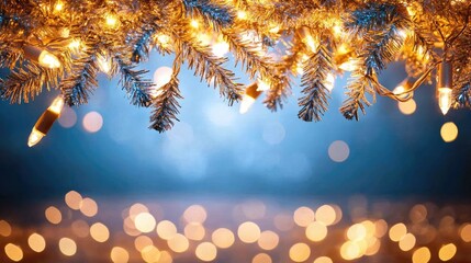 Wall Mural - Golden garland string lights: Golden and blue Christmas garlands hang softly, glowing with warm light and a subtle bokeh background for a holiday ambiance.