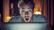 © mohammad - man staring at laptop screen with surprised expression, light from laptop screen shining on his face, Ai generated images