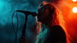 © familymedia - A dynamic image of a female singer passionately performing on stage, highlighted by dramatic lighting and vibrant smoke effects that enhance the electrifying atmosphere.
