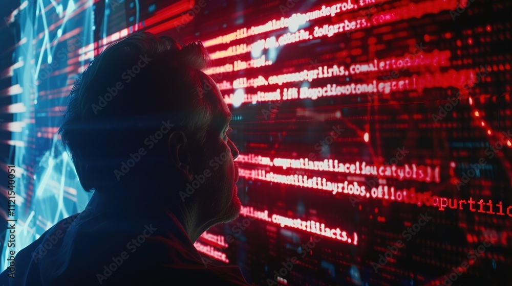 Стокова ілюстрація Cybersecurity expert analyzing network breach on ...