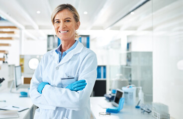 Aufkleber - Woman portrait, scientist and arms crossed for innovation in lab, chemical engineer and forensics. Mature person, confident doctor and expert in biology, pathology research and medical study in coat