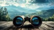 © วรรณภา มะโนศรี - A pair of binoculars placed on a wooden table with a scenic vista of distant mountains or forests visible through the lenses