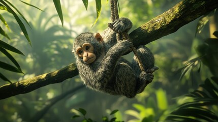 a playful monkey swinging from a tree branch. Its fur is beautifully detailed in the sunlight,