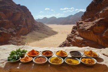 Vibrant Spices and Seasonings on Rustic Stone Platform