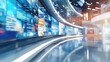 © Mechastock - Blurred wall of television screens broadcasting 24/7 news and media. Concept of internet, AI, and nonstop data.