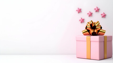 Poster - A pink gift box with a gold ribbon and a shiny bow, surrounded by decorative stars, set against a clean, white background.