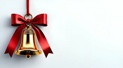 Poster - A decorative gold bell with a red bow, hanging against a simple background, perfect for festive occasions.