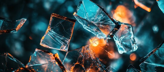Shattered glass fragments with glowing edges, high contrast,