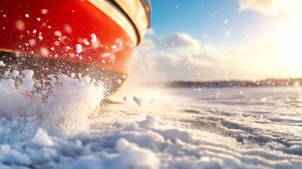 Wall Mural - reinforced steel hull of an icebreaker ship breaking through frozen sea, sending snow and ice flying