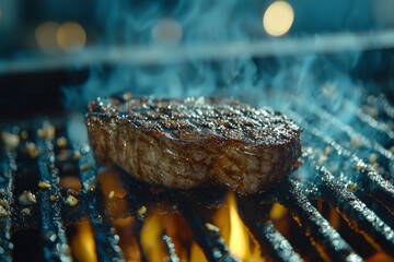 Canvas Print - Juicy grilled steak sizzling over an open flame with smoke rising, showcasing perfect grill marks.