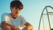 © Bonsales - Teenage boy sitting alone on a quiet playground at dusk, holding a bottle and gazing thoughtfully downward. Soft golden light creating a calm, reflective mood