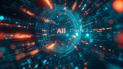 An illustration of an abstract futuristic background featuring digital technology and artificial intelligence concepts, with the text 