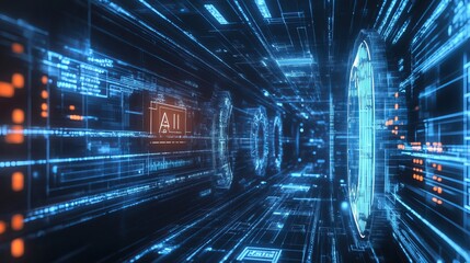 An illustration of an abstract futuristic background featuring digital technology and artificial intelligence concepts, with the text 