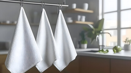 Wall Mural - Three white kitchen towels hanging in modern kitchen