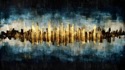 Canvas Print - Abstract city skyline with golden reflections