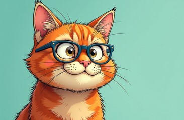  A cute ginger cat with glasses is looking away. Advertising of optics, pet stores, and pets. Sale, advertising, discounts, special offers Business concept. Creative fashion banner, copy the space.