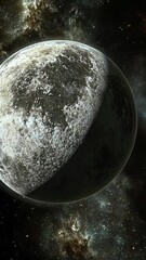 Wall Mural - Detailed view of a textured planet in space illuminated by distant stars and cosmic dust