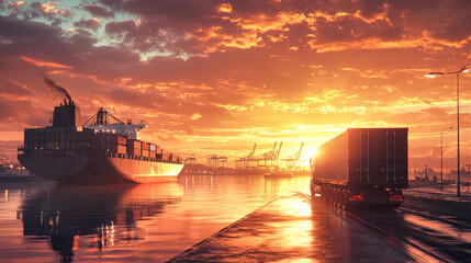 Wall Mural - Cargo plane and container ship under vibrant sunset at bustling freight port showcasing global logistics in action