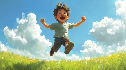 Joyful Boy Jumping in a Sunny Meadow