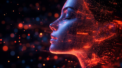 A stylized head with digital elements forming glowing circuits and data flows.