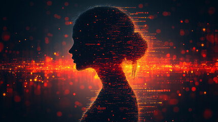 A human silhouette in profile merging into circuits and glowing data streams.