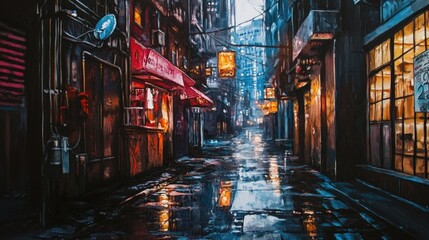 Wall Mural - Rainy night city alley, glowing shopfronts.