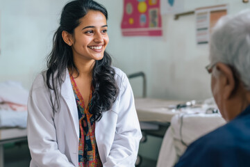 Wall Mural - The young Indian woman takes an elderly patient in a hospital or hospital and smiles