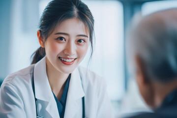 Wall Mural - The young Chinese woman takes an elderly patient in a hospital or hospital and smiles