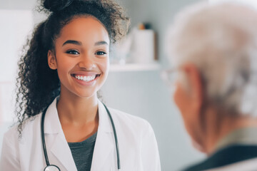 The young Afro-American woman takes an elderly patient in a hospital or hospital and smiles