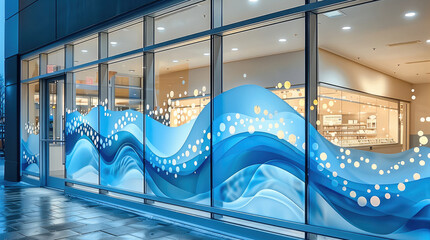 Poster - A modern storefront window design for a water purification company, featuring clean and sleek blue tones. The design includes waves, water droplets, and minimalistic patterns, outside.