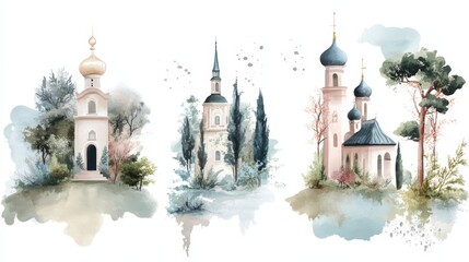 Serene watercolor church painting, a tranquil scene of faith and artistic devotion