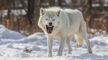  A fierce arctic wolf stands in a snowy landscape, baring its teeth as it faces an unknown threat. The bright daylight highlights its thick white fur and captivating gaze