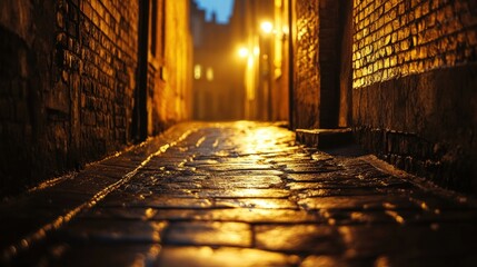 Poster - Dark, cobblestone alley, illuminated by lamplight.