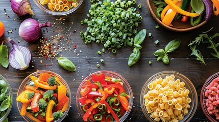 Canvas Print - Rainbow Pasta Salad on kitchen wooden table with colorful pasta, fresh veggies. top view.