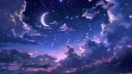 Wall Mural - anime-style sky with a crescent moon and clouds, in pastel pink and purple colors with stars twinkli