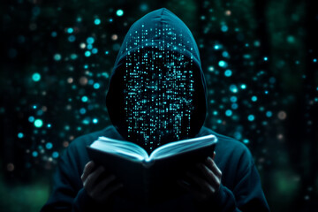 a person is holding a book with a hood over their head