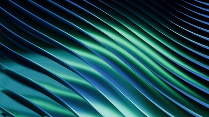 Wall Mural - 3d abstract geometric stripe wavy blue green background, chrome material