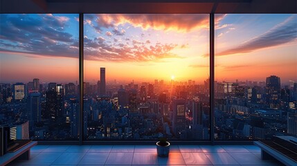 Aufkleber - View from the top floor of an office building overlooking city skyline The sky is clear at sunset creating a luxurious atmosphere.