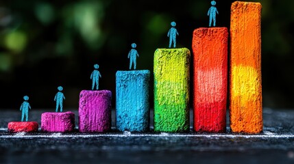 Wall Mural - colorful bar graph with miniature people representing growth and success metrics