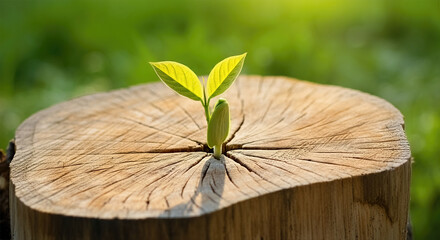 Poster - New Life concept with seedling growing sprout (tree). Close-up of a seedling emerging from a crack in the center of a cut tree stump.