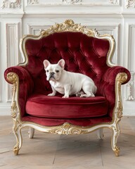 A cute white French Bulldog sits elegantly on a vintage red velvet armchair with gold accents, perfect for pet-related content, luxury themes, or interior decor,