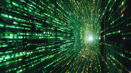 binary digital codes that rush to the center, creating the effect of movement in space or a cyber tunnel,.     