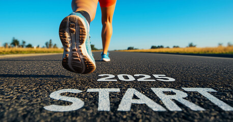 Wall Mural - 2025 new year concept: 2025 text written on asphalt roads and woman runner preparing for the new yea