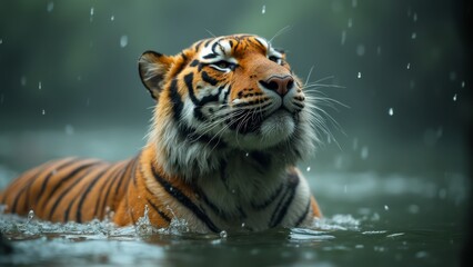 Poster - A tiger swimming in the water in the rain