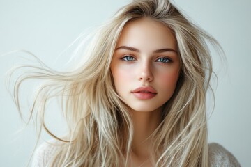 Wall Mural - Beautiful blonde model posing with flowing hair and soft makeup