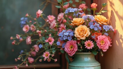 Canvas Print - A vase filled with colorful flowers sitting on a window sill