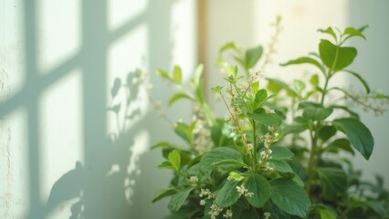 Wall Mural - A plant with white flowers and green leaves in front of a window