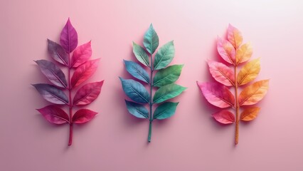 Sticker - Three colorful leaves on a pink background